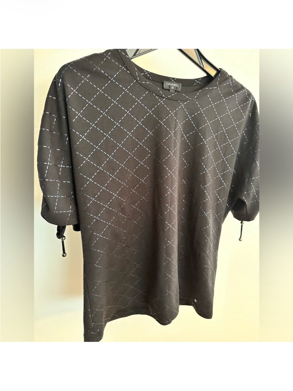CHANEL Black Short Sleeve Quilted Diamond Pattern Top